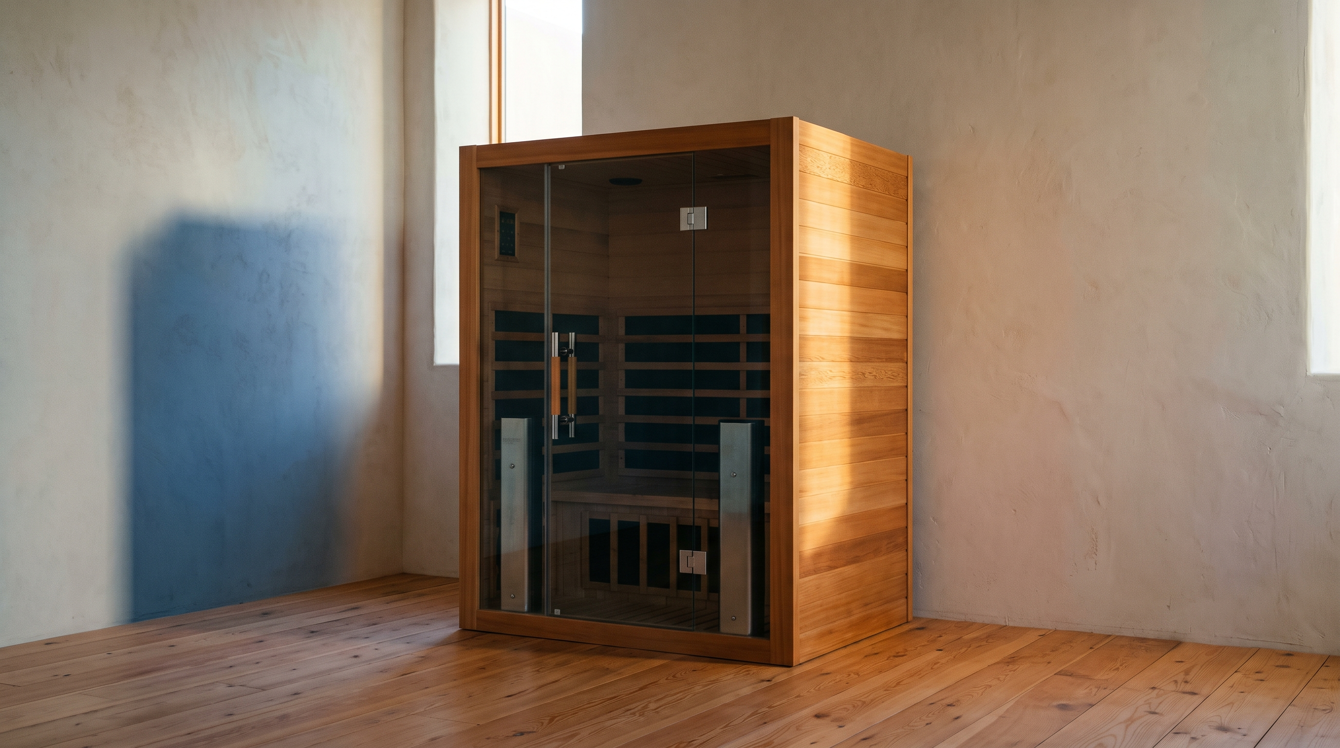 Two-person sauna cabin, cedar and dual towers
